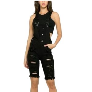 Distressed Black Bermuda Shorts Overalls Denim